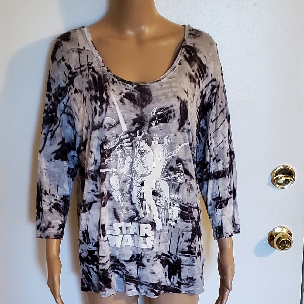 Rock & Republic Star Wars Womens L Tie-Dye Gray Sparkly Tunic Top Leia Skywalker